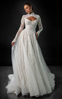 34810-High-Neck Long Sleeve Lace A-Line Wedding Gown
