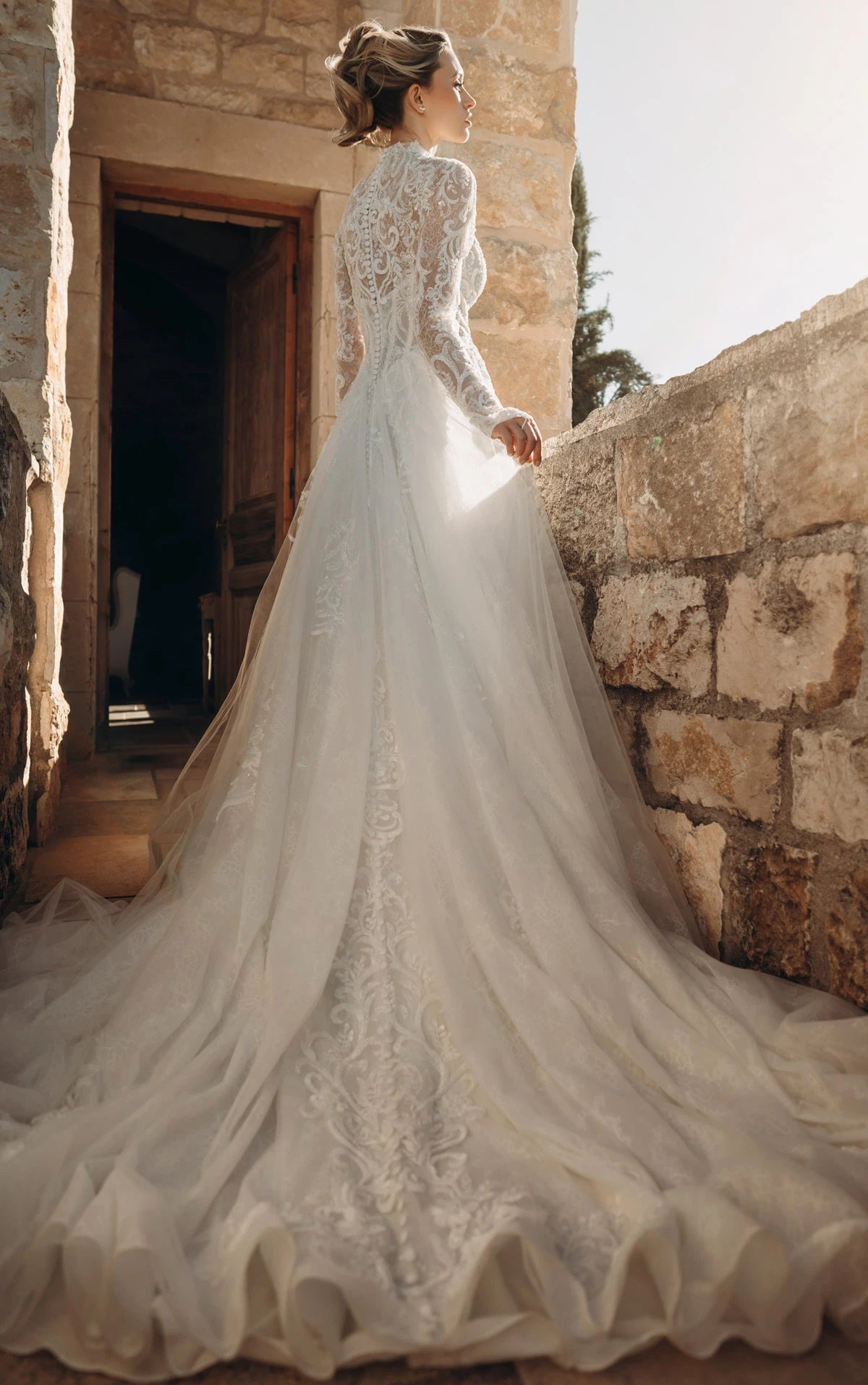 34810-High-Neck Long Sleeve Lace A-Line Wedding Gown