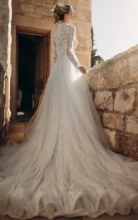 34810-High-Neck Long Sleeve Lace A-Line Wedding Gown