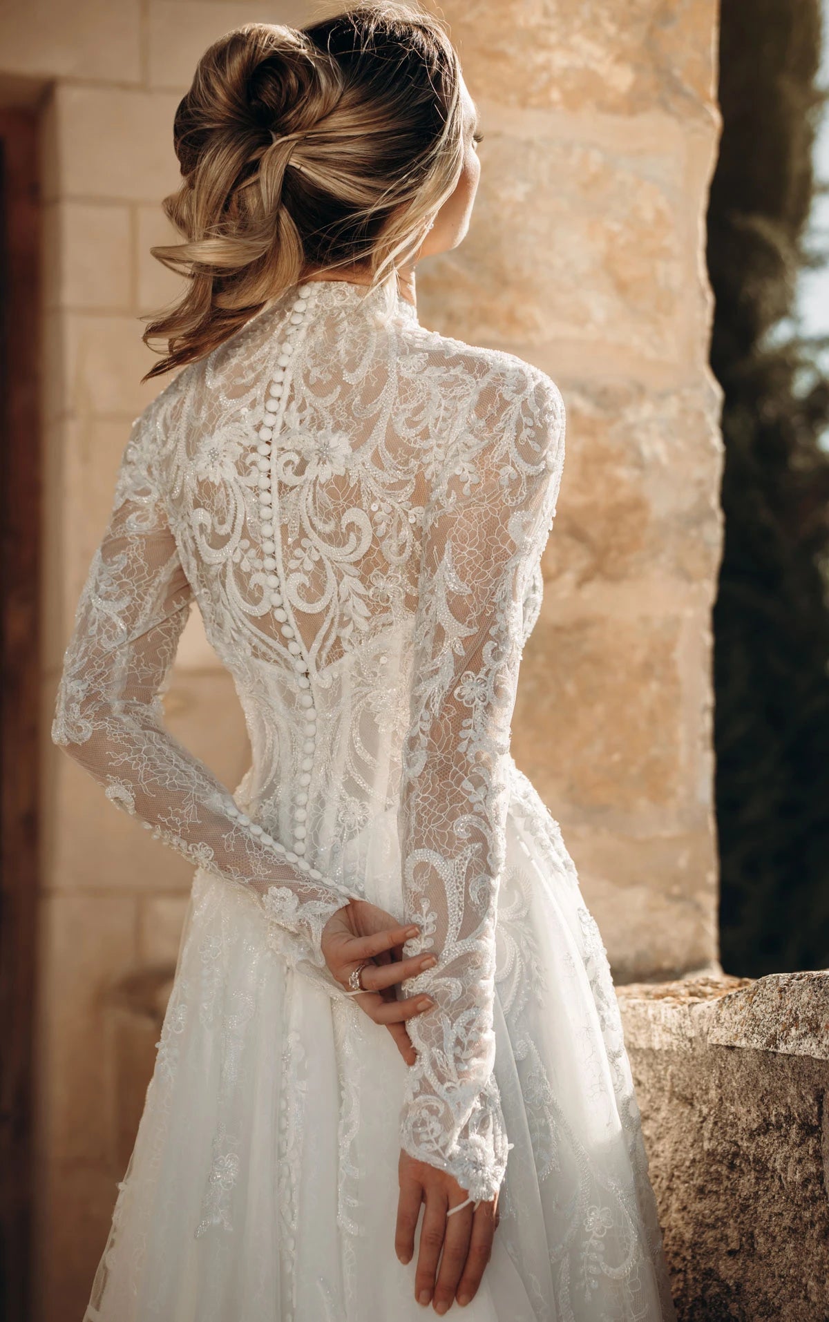 34810-High-Neck Long Sleeve Lace A-Line Wedding Gown