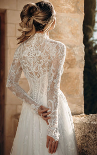 34810-High-Neck Long Sleeve Lace A-Line Wedding Gown