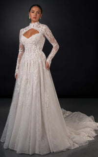 34810-High-Neck Long Sleeve Lace A-Line Wedding Gown