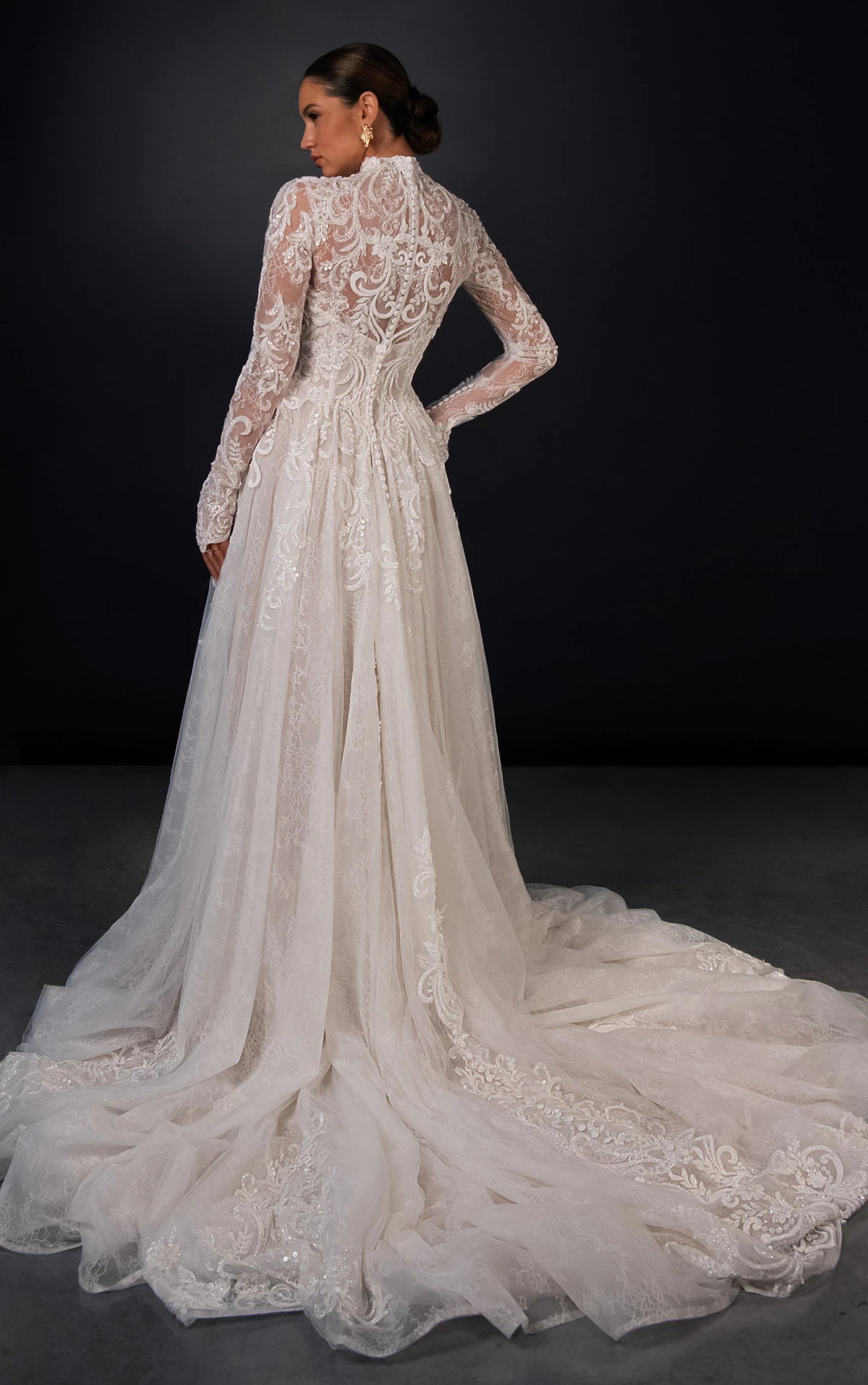 34810-High-Neck Long Sleeve Lace A-Line Wedding Gown