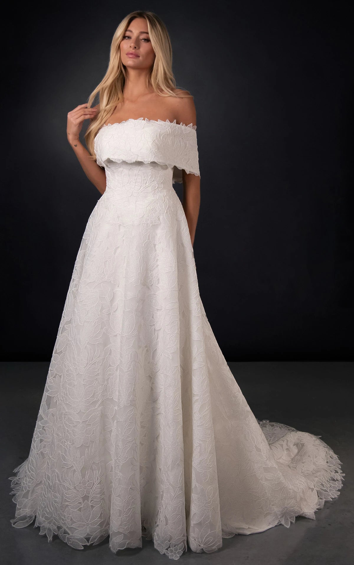34811-Off-the-Shoulder Lace A-Line Wedding Gown