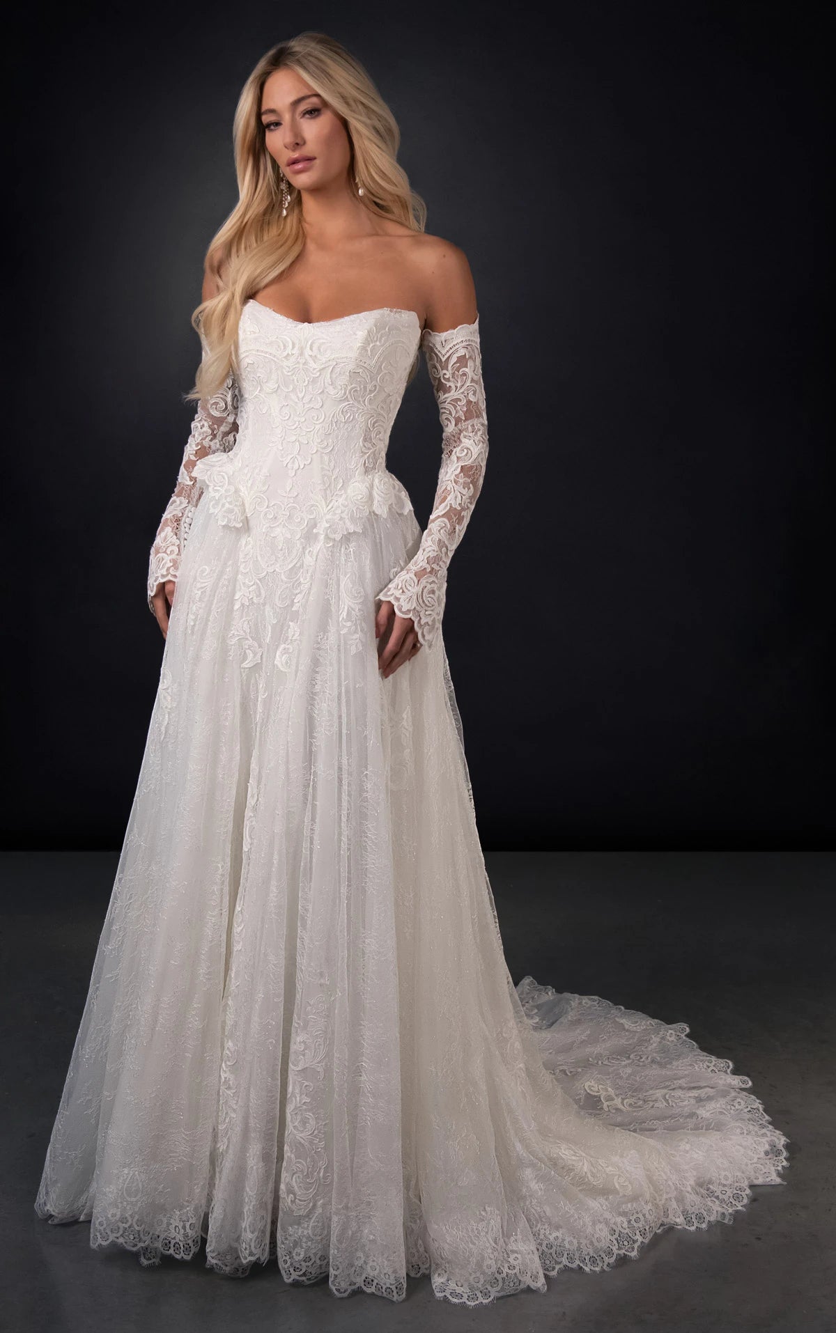 34809-Peplum Lace and Tulle A-Line Wedding Gown