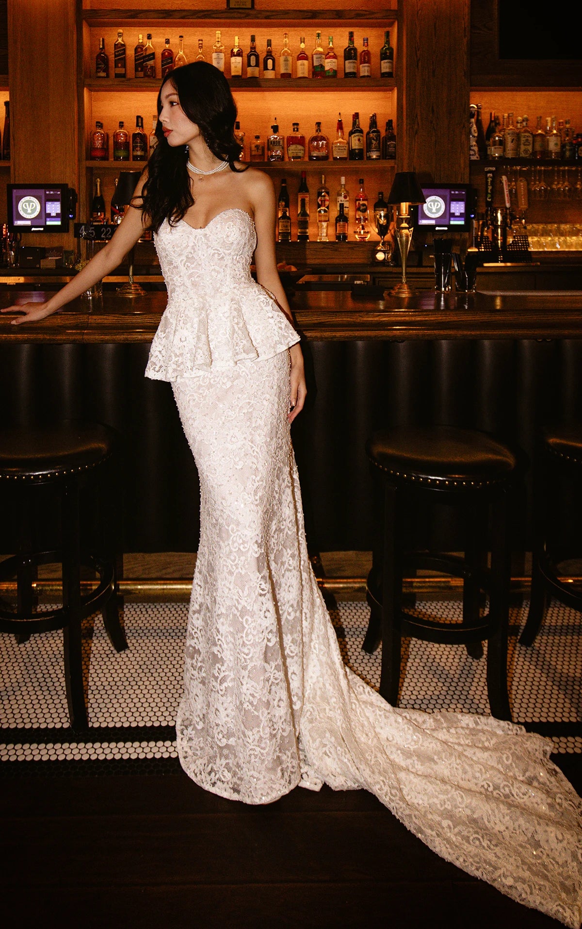 33386 - Modern Fit-and-Flare Bridal Gown with Lace Accents