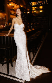 33386 - Modern Fit-and-Flare Bridal Gown with Lace Accents