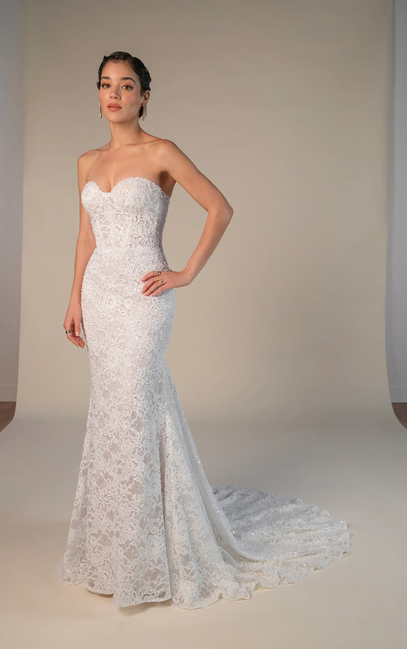 33386 - Modern Fit-and-Flare Bridal Gown with Lace Accents