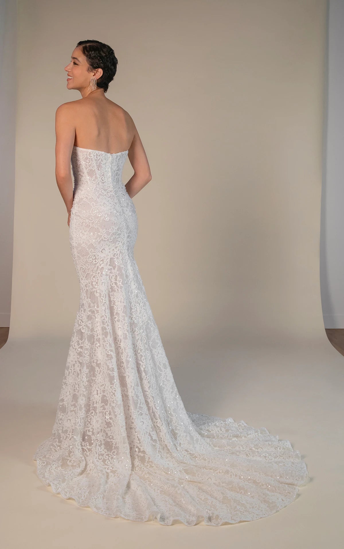 33386 - Modern Fit-and-Flare Bridal Gown with Lace Accents