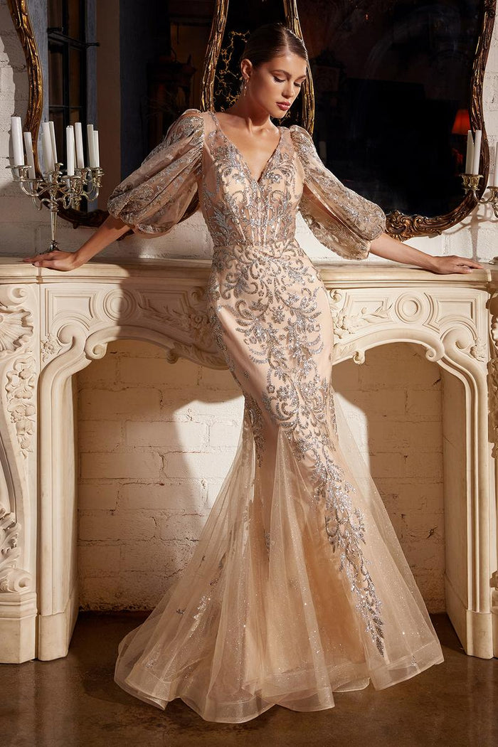 Ladivine Dress OC009 - Plunge Neckline Floral Fit and Flare Gown
