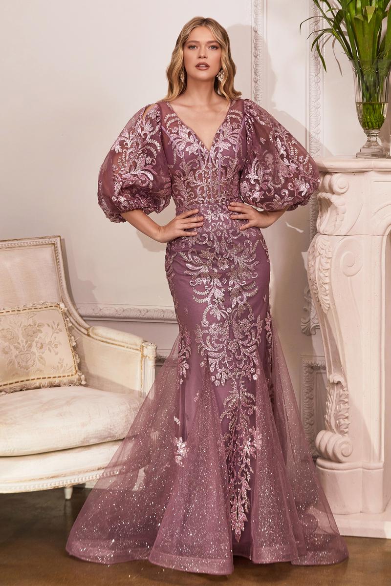 Ladivine Dress OC009 - Plunge Neckline Floral Fit and Flare Gown