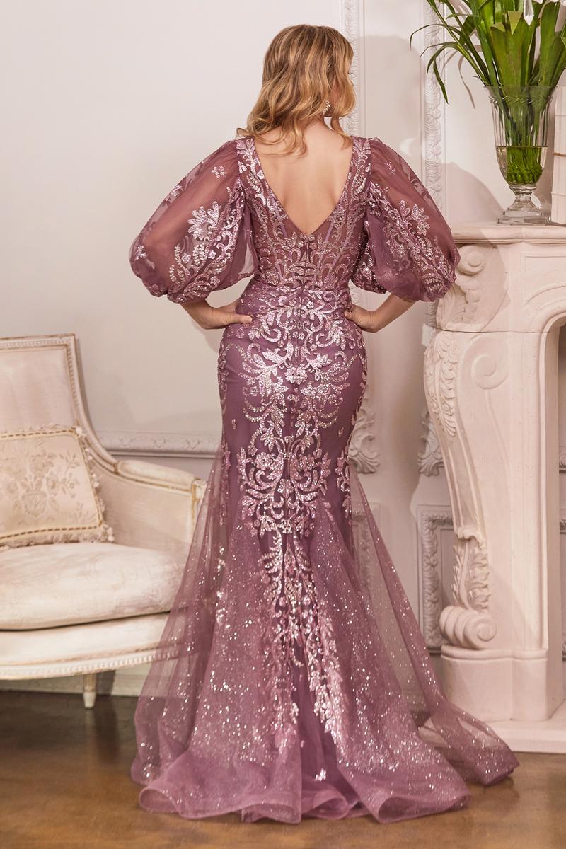 Ladivine Dress OC009 - Plunge Neckline Floral Fit and Flare Gown
