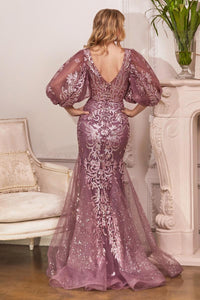 Ladivine Dress OC009 - Plunge Neckline Floral Fit and Flare Gown