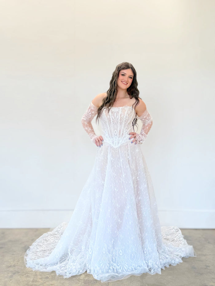 allover chantilly lace a-line bridesmaid dress DELANEY| Sparkling Chantilly Lace A-Line Dress with Gloves main image 0