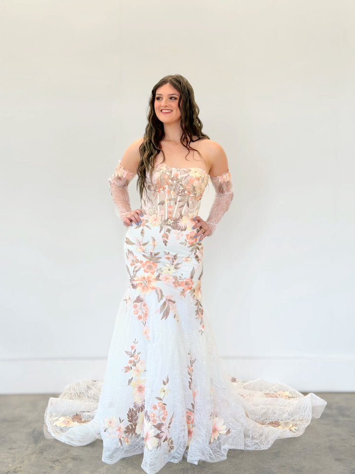 34450-Colorful Lace Fit and Flare Wedding Dress