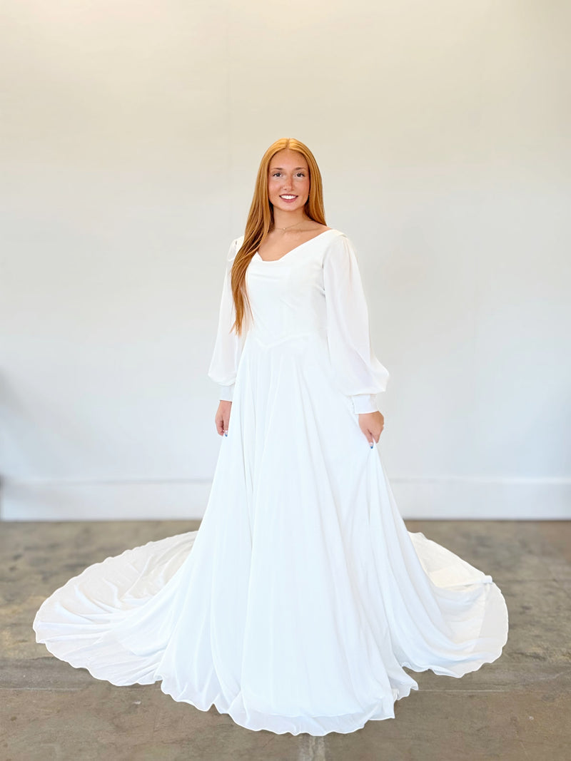 34431-Flowy Chiffon A-line with Long Sleeve Wedding Dress