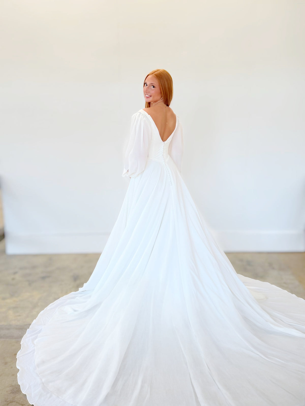 34431-Flowy Chiffon A-line with Long Sleeve Wedding Dress