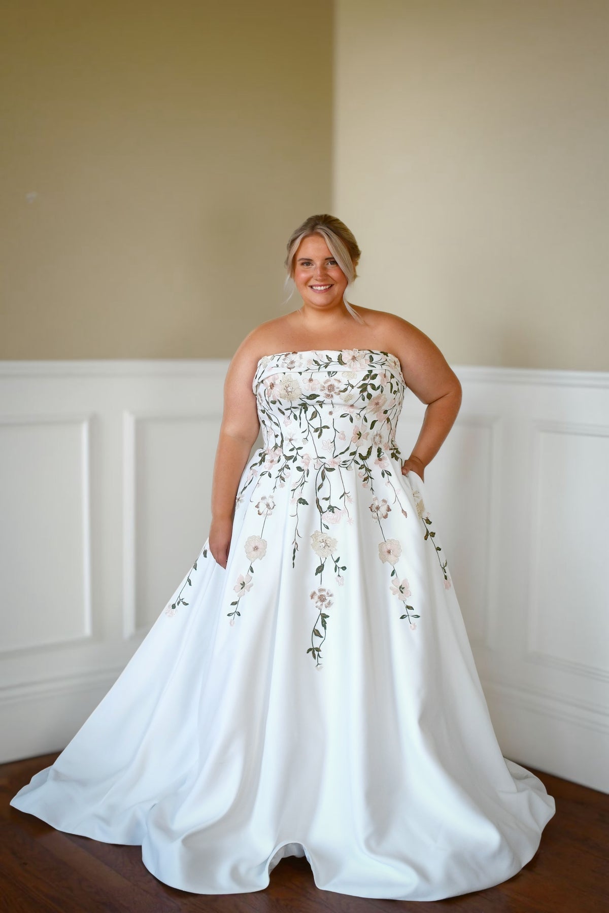 33303 - A-Line Wedding Gown with Strapless Satin Bodice & Vining Lace