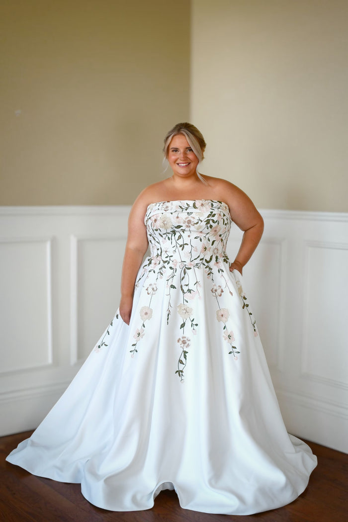 33303 - A-Line Wedding Gown with Strapless Satin Bodice & Vining Lace