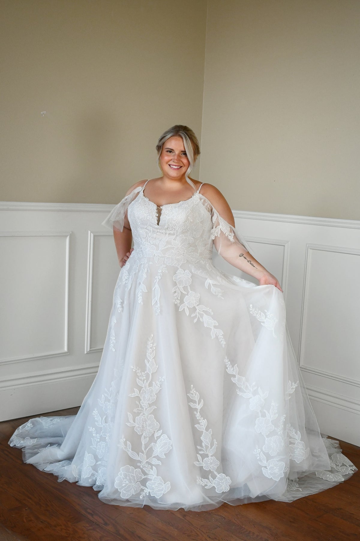 33008 - Soft A-Line Bridal Dress with Lace Detailing