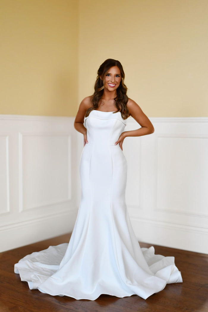 33328 - Modern Fit-and-Flare Bridal Gown with Lace Accents