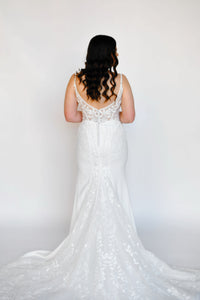 34348 - Beaded Lace Fit and Flare with Detailed Train