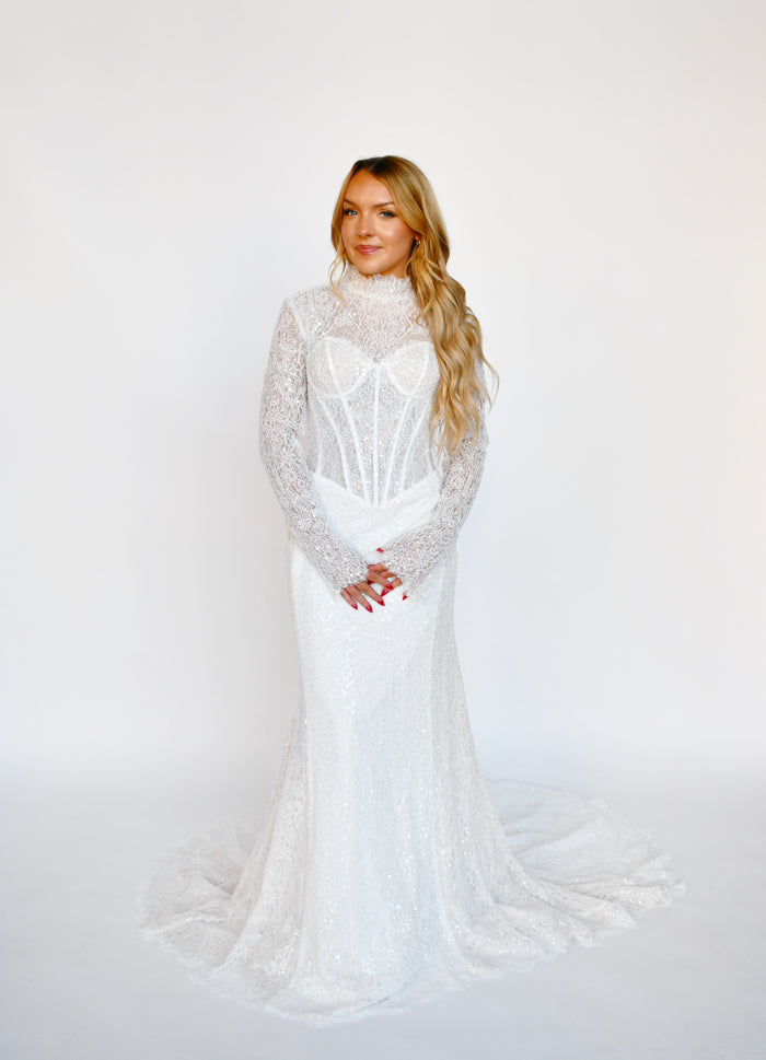 34282 - Fit and Flare All Over Lace Gown with Detachable Long Sleeve Jacket