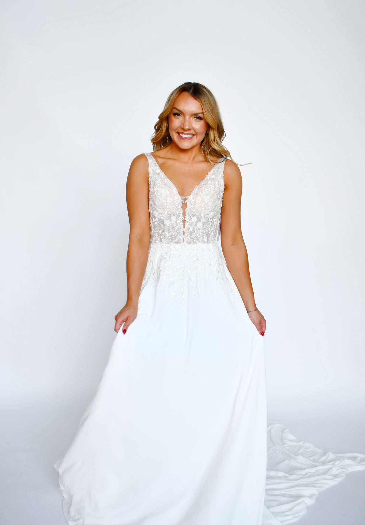 34266 - Chiffon A-Line with Beaded Lace Top