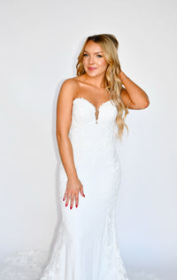 34444 - Strapless Crepe Fit and Flare with Lace and Tulle Train