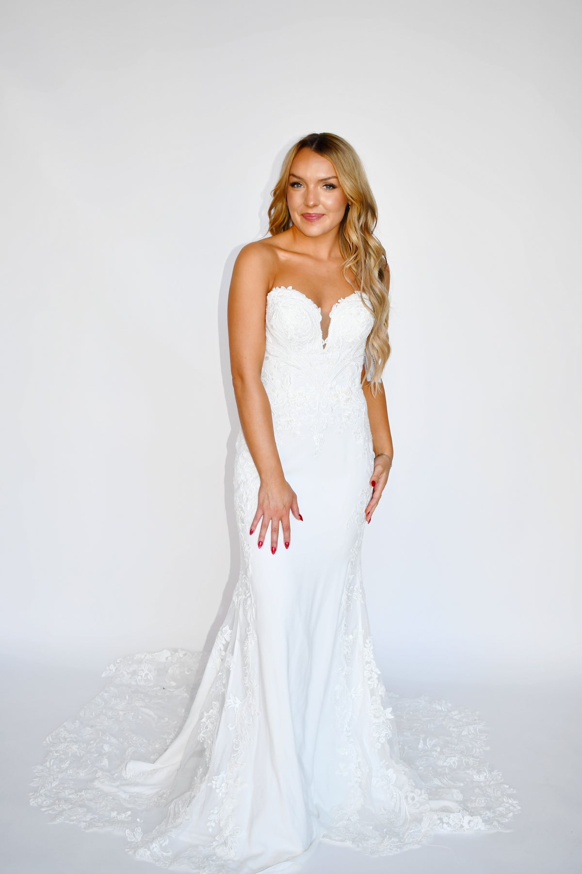 34444 - Strapless Crepe Fit and Flare with Lace and Tulle Train