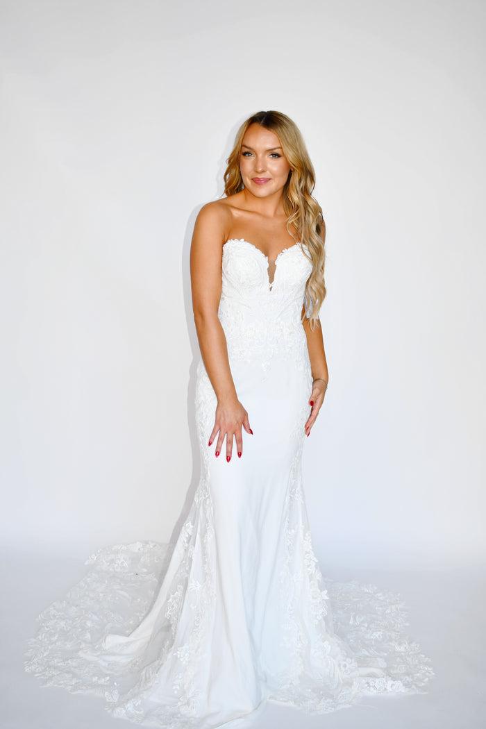 34444 - Strapless Crepe Fit and Flare with Lace and Tulle Train