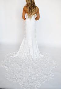 34444 - Strapless Crepe Fit and Flare with Lace and Tulle Train