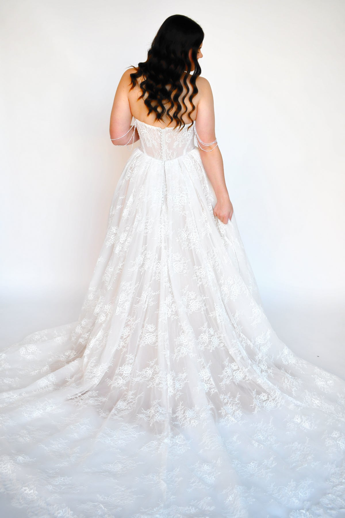 34287 - Delicate Lace Ballgown with Beaded Off Shoulder Straps