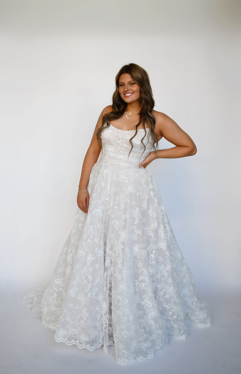 34280 - Strapless All Over Lace Ballgown