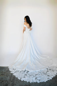 34340 - Pleated Bodice Fit and Flare with Detachable Lace Train