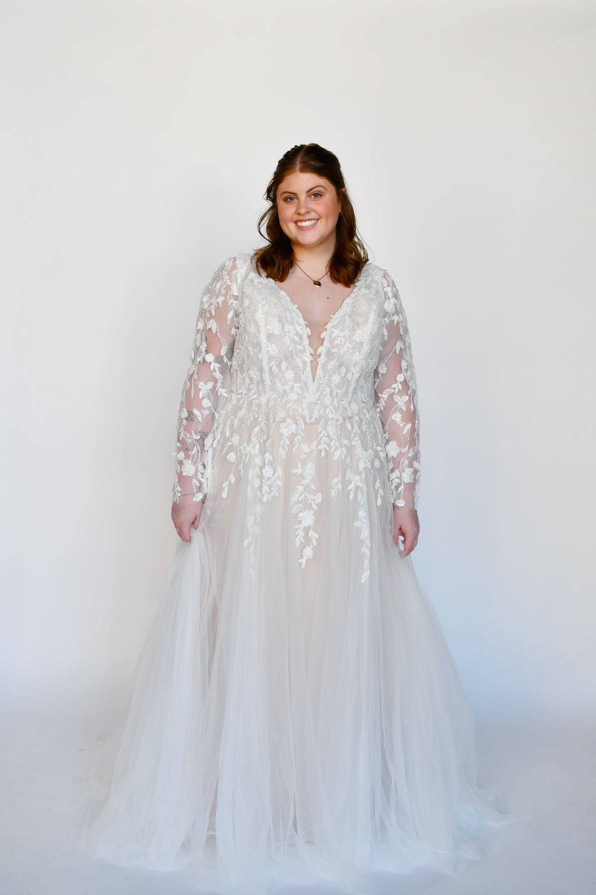 34274 - Whimsical A-Line with Beaded Lace and Long Sleeves