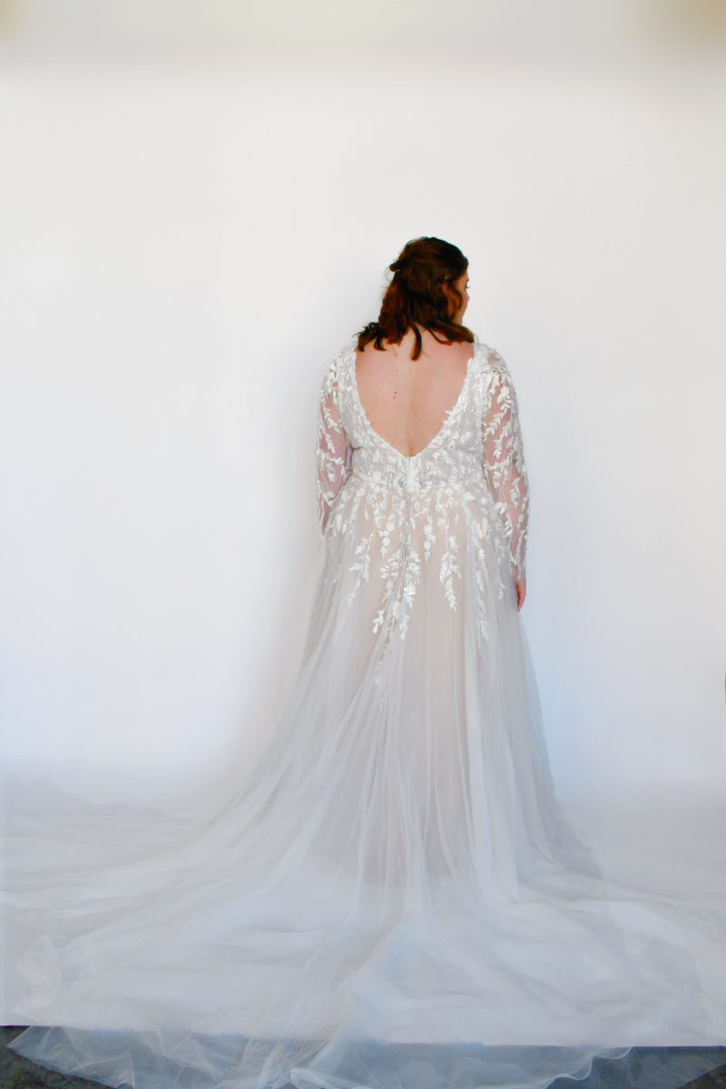 34274 - Whimsical A-Line with Beaded Lace and Long Sleeves