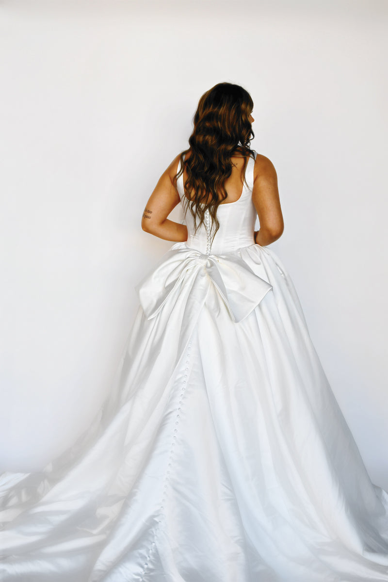 34279 - Sleek Dropped Basque Waist Ballgown with Bow