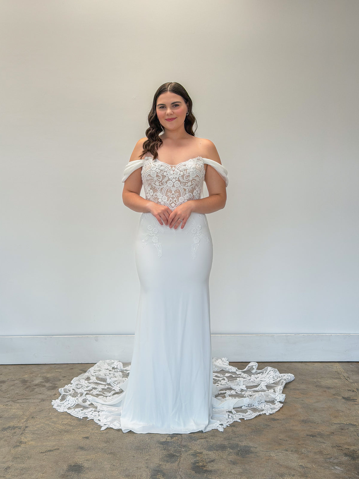 34941-Lace and Crepe Fit and Flare Wedding Dress
