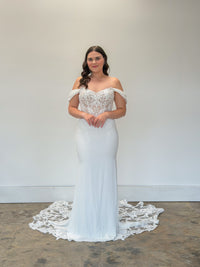 34941-Lace and Crepe Fit and Flare Wedding Dress