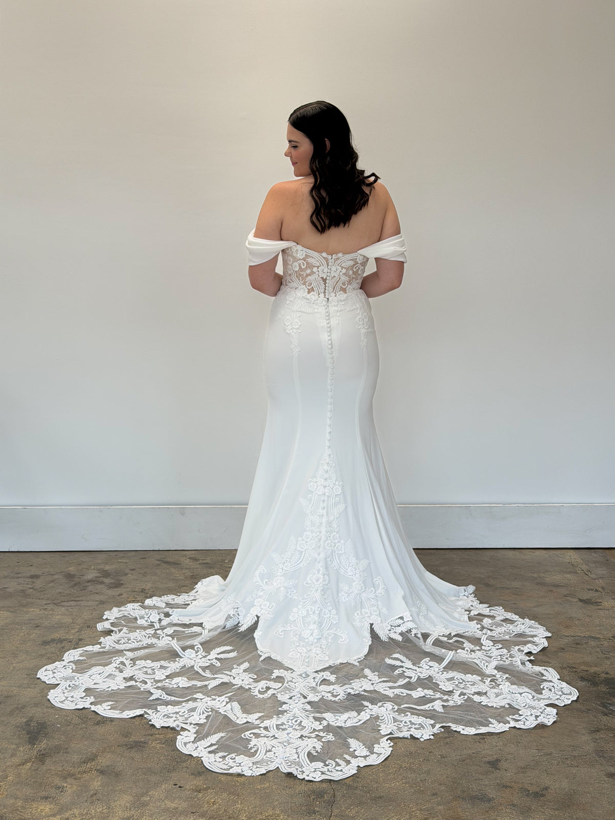 34941-Lace and Crepe Fit and Flare Wedding Dress