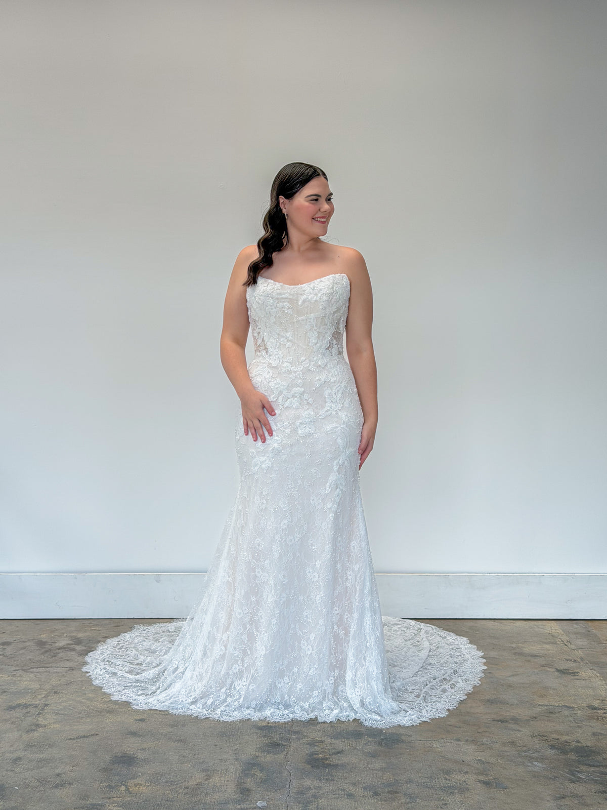 34946-Strapless All Over Lace Wedding Dress