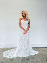 34932-Strapless All Over Lace Wedding Dress