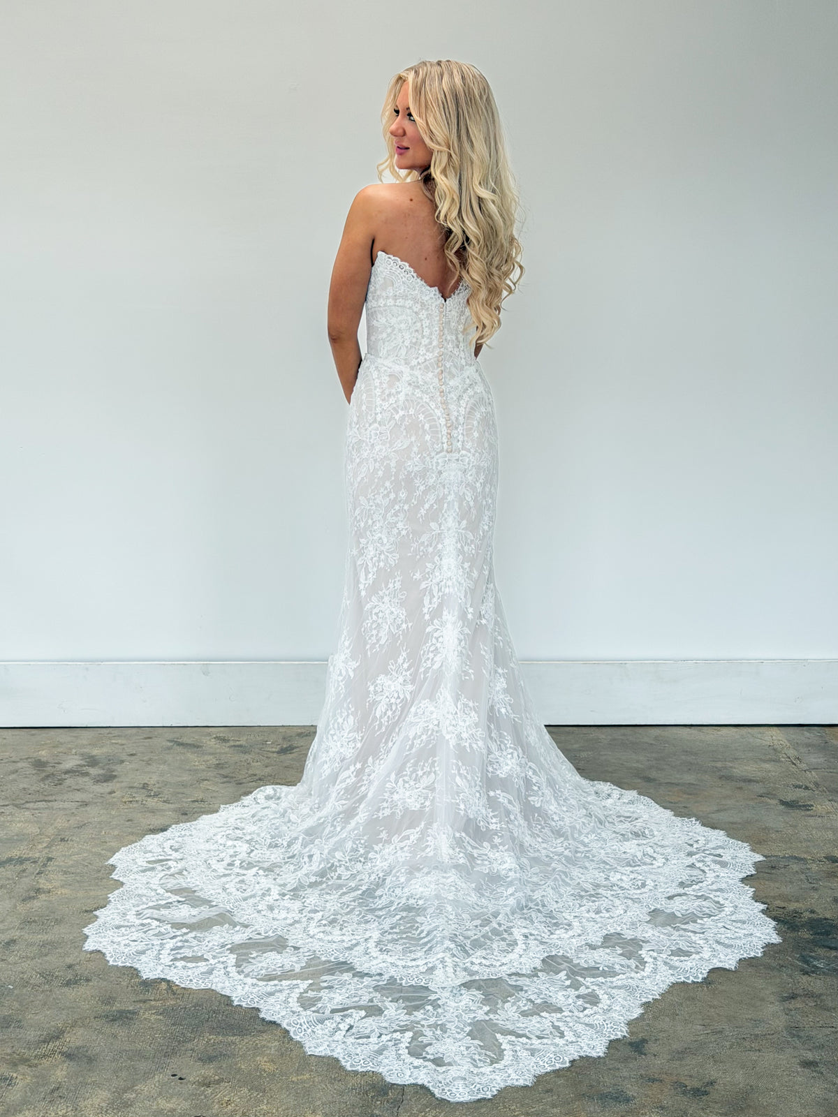 34932-Strapless All Over Lace Wedding Dress