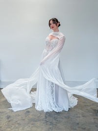 34436-Boho Lace and Chiffon Cape Wedding Dress