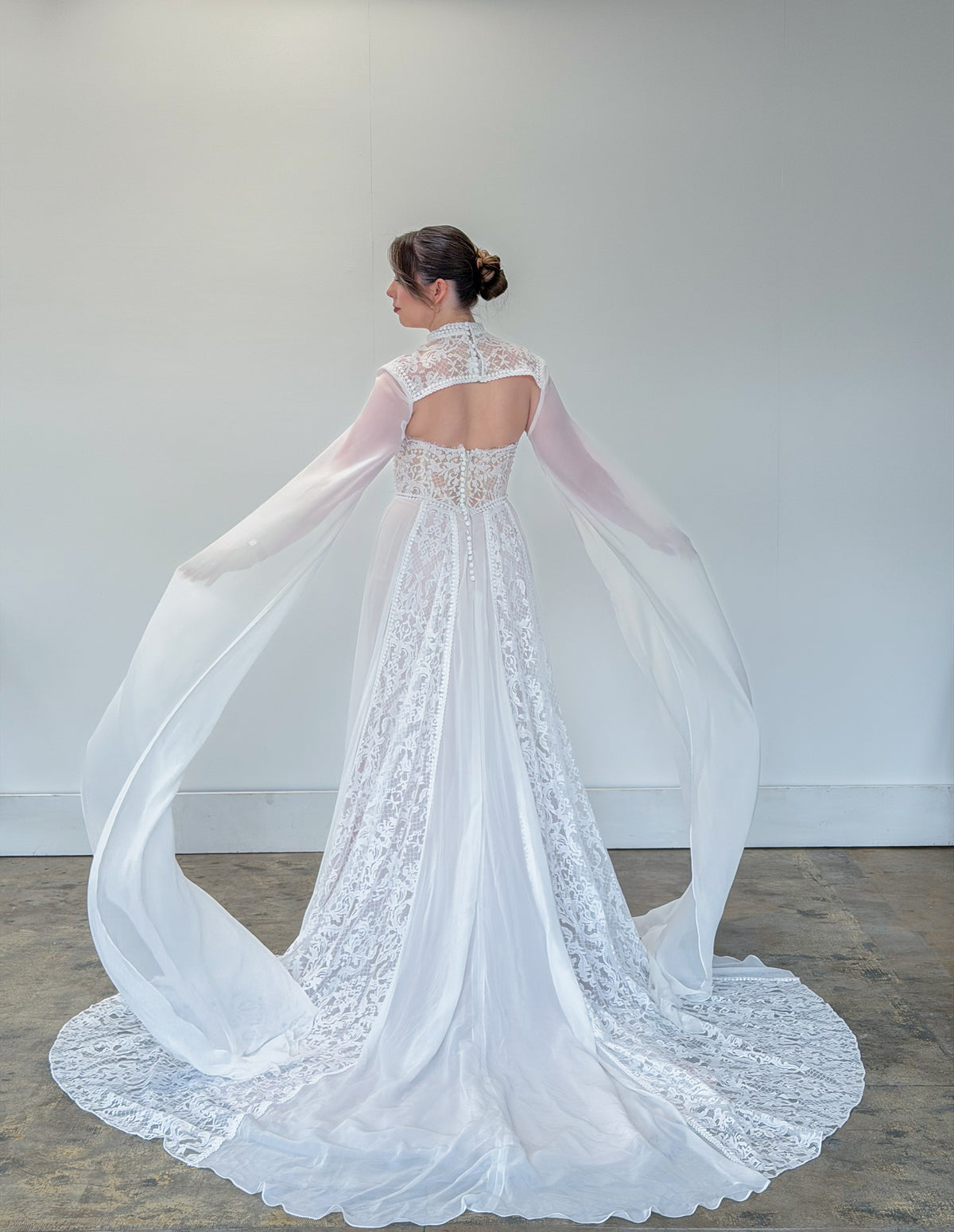 34436-Boho Lace and Chiffon Cape Wedding Dress