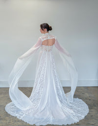 34436-Boho Lace and Chiffon Cape Wedding Dress
