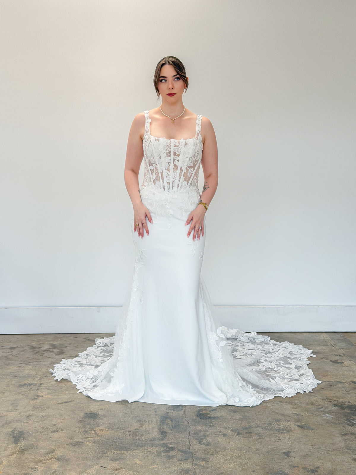 34924-Square Neckline Crepe and Lace Wedding Dress