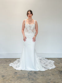 34924-Square Neckline Crepe and Lace Wedding Dress