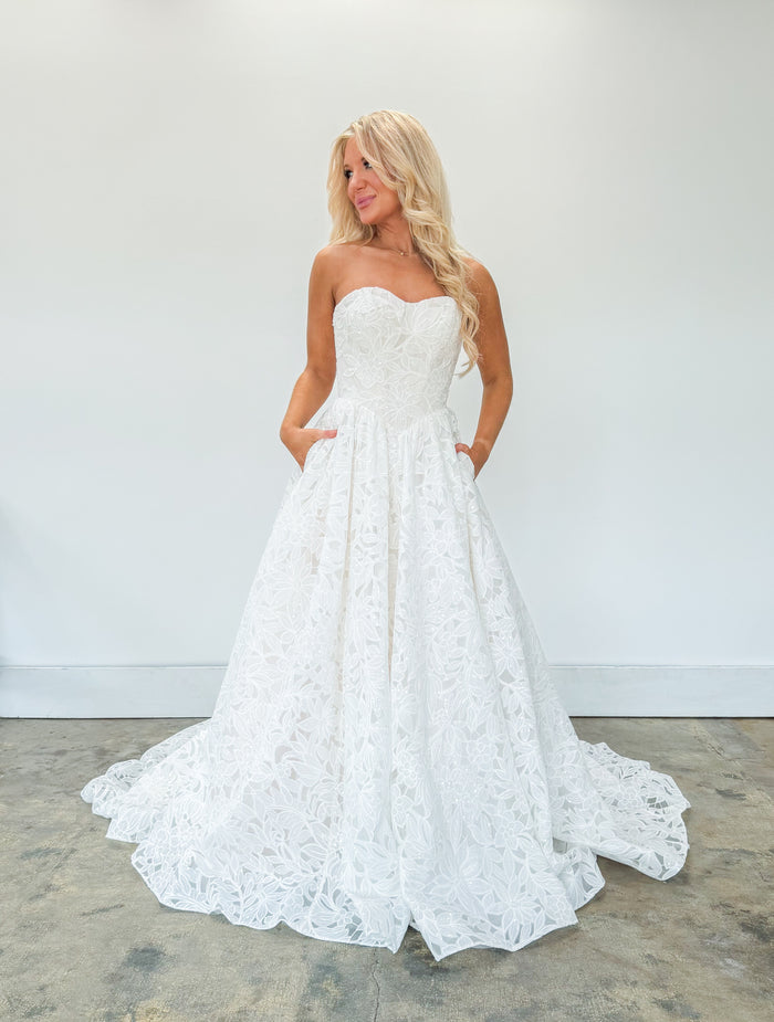 34934-Laser Cut Lace Basque Waist Ballgown
